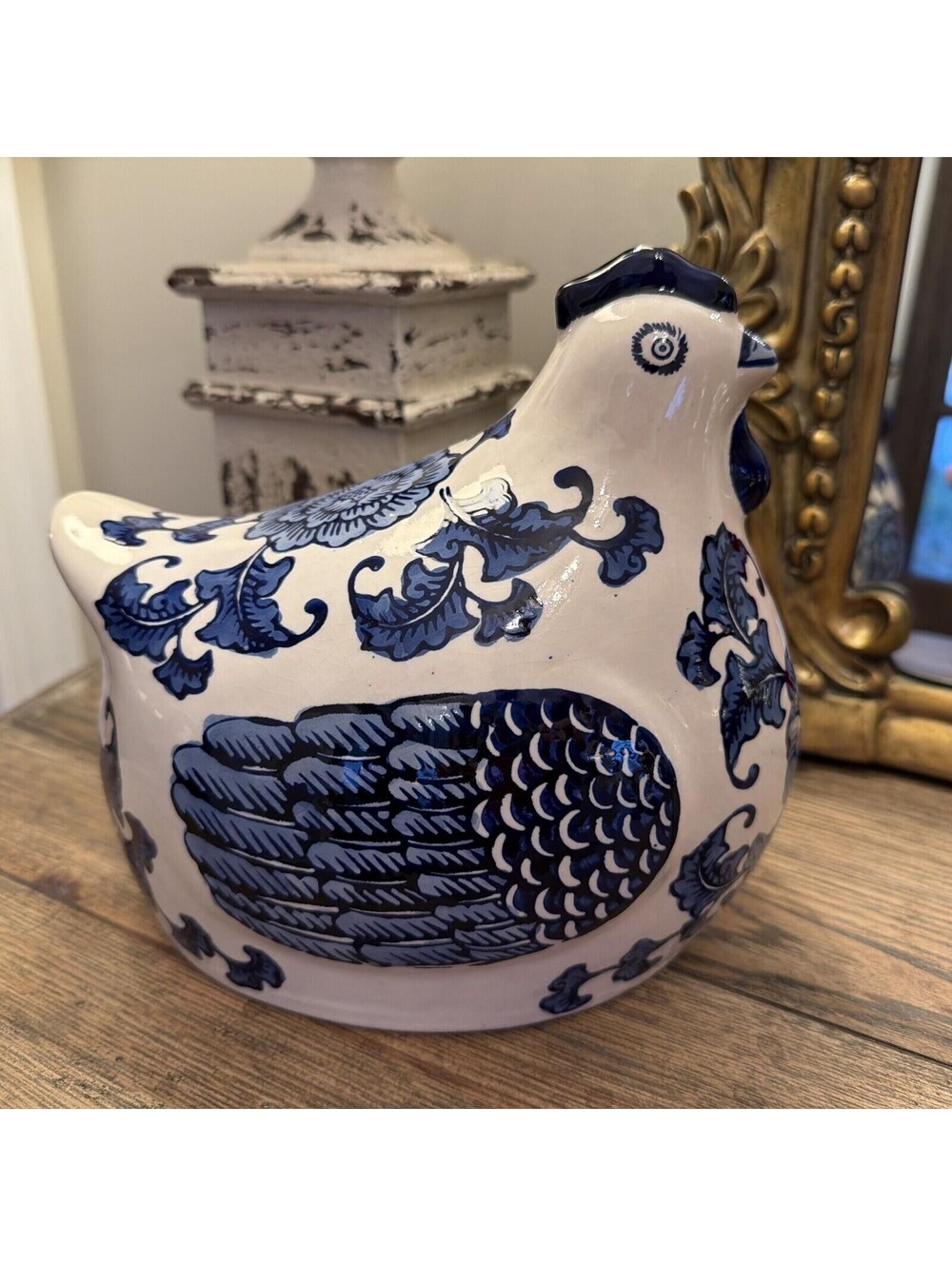 Apropos Blue White Sitting Chicken 8” Chinoiserie Farmhouse Decor